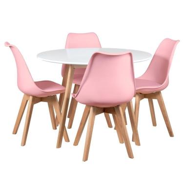 Imagem de Mesa Redonda 100cm Branco + 4 Cadeiras Rosa Claro