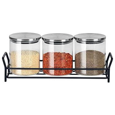 Imagem de Jogo de 3 porta condimentos em vidro borossilicato com tampa e suporte em metal 350ml D8xA9cm-TRANSPARENTE, INOX - Dynasty- Full Fit