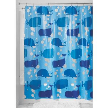 Imagem de iDesign Moby Cortina de chuveiro de plástico baleia, forro impermeável sem PVC com baleias para crianças, convidados, dormitório de faculdade, banheiro principal, 182,88 cm x 182,88 cm – Azul