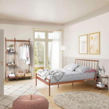 Imagem de Conjunto Cama Casal 2 Mesas de Cabeceira e Arara de Roupas em Aço Begônia CabeCasa MadeiraMadeira Cobre