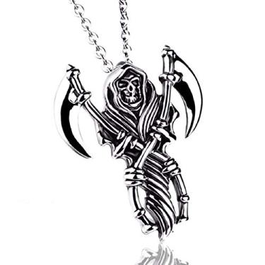 Imagem de Colar de ceifador para homens, colar de caveira com corrente de 19,6 + 5 cm, pingente de braços dos ceifadores, colar de foicle, corrente de aço inoxidável, pingente de amuleto, colar punk rock joia presente para homens meninos, Metal, Não conhecido