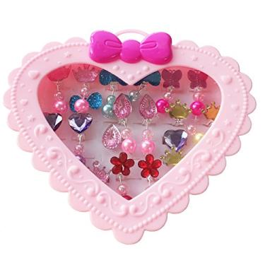 Imagem de Elesa Miracle 28 peças de brincos de clipe brilhantes para meninas e anéis ajustáveis na caixa, brincos de faz de conta e anéis de vestuário