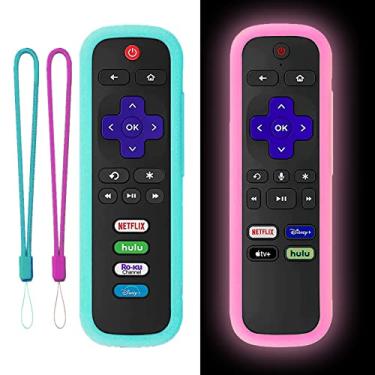 Imagem de Pacote com 2 capas protetoras de silicone para Roku TCL | Capa remota Hisense Roku Universal para Roku Express 4K + 2021 | Roku Streaming Stick + capa remota com cordões brilham rosa e azul celeste (não brilhante)