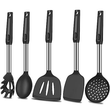 Imagem de KLAQQED Espátula de silicone resistente ao calor, conjunto de espátulas longas e grandes para panelas antiaderentes, espátula de borracha para uso na cozinha, espátula de silicone, conjunto de utensílios de cozinha, preto