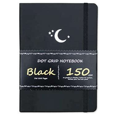 Imagem de BUKE Diário pontilhado - Caderno de grade de pontos - 150 g/m² papel preto sem vazamento - 160 páginas pretas - para mulheres e homens - capa dura de couro PU A5 14,6 cm x 21,6 cm e caixa de presente