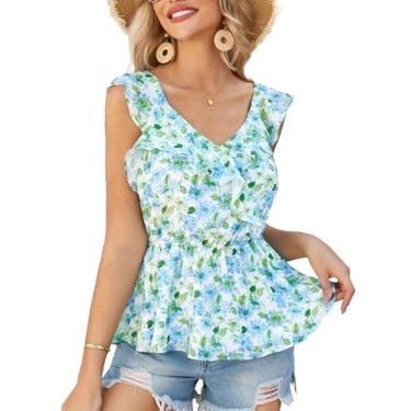Imagem de GRACE KARIN Camiseta regata feminina floral verão 2024 casual sem mangas gola V babados, Floral-azul, M