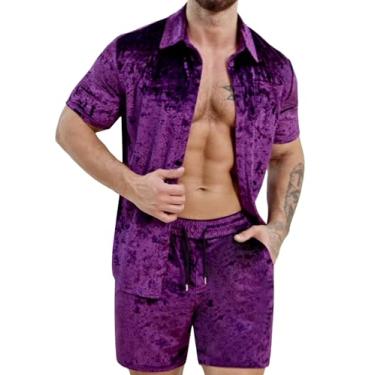Imagem de ZSJR Conjunto masculino de 2 peças de camisa e shorts de veludo diamante, moda casual de 2 peças, Roxa, GG
