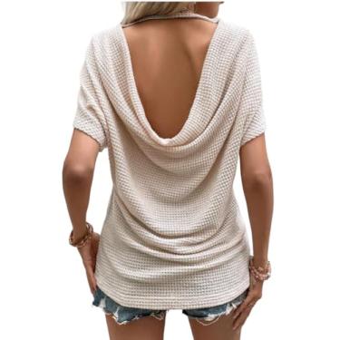 Imagem de Yueary Camiseta feminina de verão 2024 casual gola redonda manga curta blusa solta waffle malha ombro fora costas nuas, Damasco, P