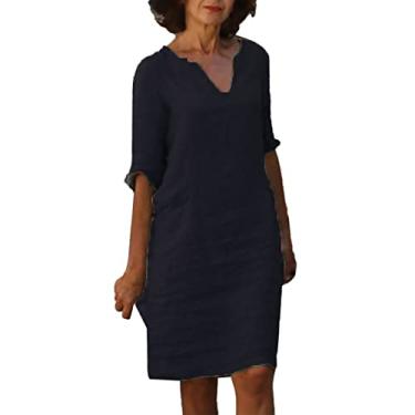 Imagem de Lainuyoah Vestido feminino com gola V Plus Size 2024 vestido de linho elegante gola V manga curta comprimento até o joelho, A - Preto, G