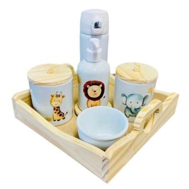 Imagem de Kit Higiene Bebê Porcelana Safari - Garrafa Térmica - bandeja coração