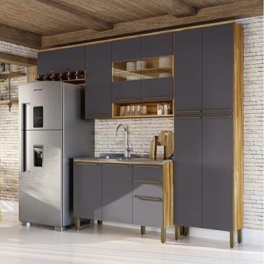 Imagem de Cozinha Compacta Modulada 4 Peças 11 Portas e 2 Gavetas com Vidro sem Tampo Itália Espresso Móveis Amêndoa/Chumbo