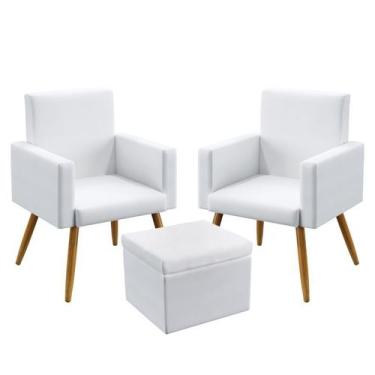 Imagem de 2 Poltronas Vega Sem Rodapé Com Puff Quasar Couro Branco Aradecor