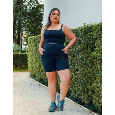 Imagem de Bermuda Feminina Plus Size Cintura Alta com Bolsos - Fitmoda , Azul ma