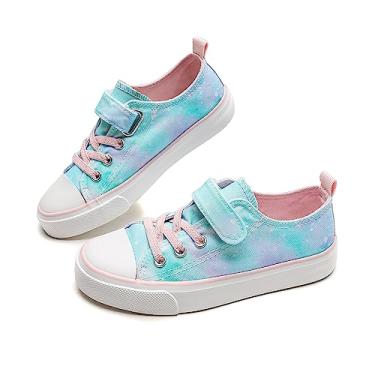 Imagem de Mybozz Tênis infantil de lona para meninos e meninas, sem cadarço, cor purpurina, casual, caminhada, Azul, rosa, 13.5 Little Kid