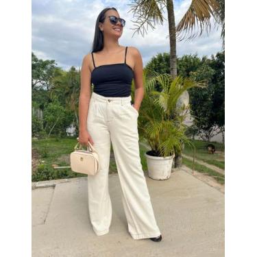 Imagem de Calça Linho Wid  Leg  Cintura Alta cor Caque - Muito Mais Jeans, 40