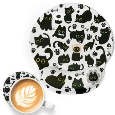 Imagem de Mouse pad ergonômico de gato preto com suporte de descanso de pulso em gel, desenho fofo, animal, antiderrapante, base de poliuretano, mousepad com porta-copos engraçado, gatinho, escritório, casa