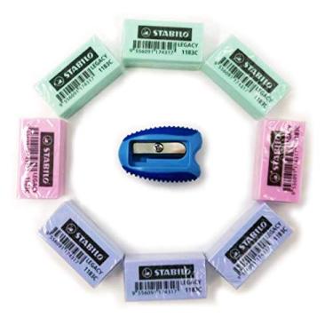 Imagem de STABILO 1183C Legacy Borrachas de lápis apagáveis macias para crianças em idade escolar, desenhar, escritório, casa (pacote com 8) + 1 apontador grátis (cores sortidas)