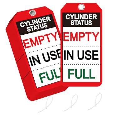Imagem de Pacote com 25 etiquetas de status de cilindro de gás à prova d'água vermelhas com pregos de olho de galinha 14 x 7 cm cilindro de hélio oxigênio vazio, em uso, etiquetas perfuradas completas em 3
