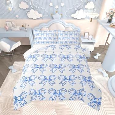 Imagem de Feelyou Jogo de cama casal com laço azul e laço fofo, decoração de quarto de meninos e meninas, edredom feminino, princesa sonhadora