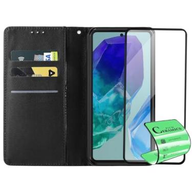Imagem de Capa Carteira Preta com Porta Cartões e Película Cerâmica Nanogel para Samsung Galaxy M55, Proteção 9H Anti-Riscos