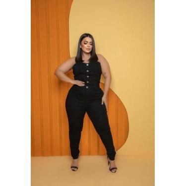 Imagem de Macacão Jeans sem alça Feminino Plus Size Elastano - Tan Jeans, 54, Pr