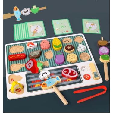 Imagem de Brinquedo de Churrasqueira para Criança, Kit Educativo, Montessori em Madeira Natural, Utensílios e Alimentos, para Crianças 3+ Anos, Brincadeira de Casinha