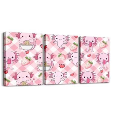 Imagem de Axolotl Decoração de parede para quarto de casa para meninas Axolote rosa arte de parede para sala de estar 3 peças, impressão em tela de comida doce de morango fruta rosa e branco pôsteres de arte