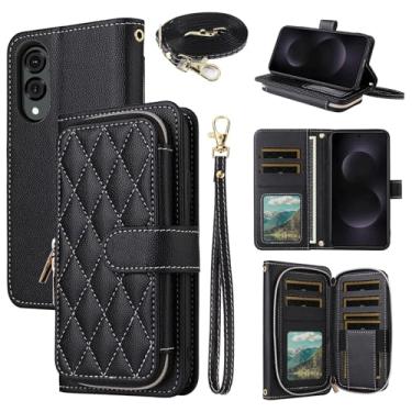 Imagem de Dswteny Argyle Capa carteira para Samsung Galaxy S25 Edge com alça de ombro de pulso, couro PU, suporte para cartão de crédito, acessórios para celular S25Edge 25S S 25 25Edge mulheres meninas preta