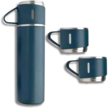Imagem de Garrafa Térmica Inox 500ml com 3 Xícaras para Trabalho Camping e Viagem Isolamento a Vácuo Conserva Líquidos Quentes e Frios (AZUL)