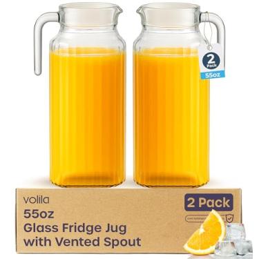 Imagem de Jarra de vidro – Jarra de vidro transparente de 1,7 litro (pacote com 2) com alça e tampa – com design canelado e bico ventilado – para prateleira de geladeira e uso diário