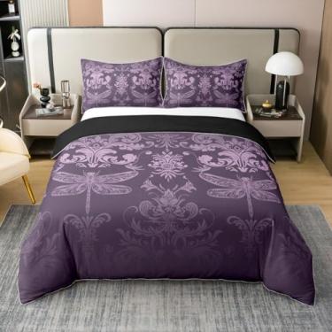 Imagem de Erosebridal Conjunto de capa de edredom Aesthetic Dragonfly roxo damasco 100% algodão, decoração barroca exótica gótica para meninas, conjunto de cama floral vintage boho