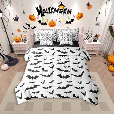 Imagem de Erosebridal Conjunto de edredom de Halloween, cama de morcegos pretos em uma bolsa, tamanho Queen, 7 peças, animal, gótico, adultos, crianças, branco, doces ou travessuras