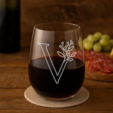 Imagem de On The Rox Drinks Presentes com monograma para mulheres e homens - Letra A-Z com monograma gravado com inicial taça de vinho sem haste - Presentes de vinho personalizados de 500 ml para mulheres e