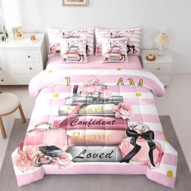 Imagem de Erosebridal Conjunto de edredom rosa moderno com lençol solteiro para meninas, com citações inspiradoras, abstrato, rosa, branco, revista, perfume, maquiagem, 7 peças