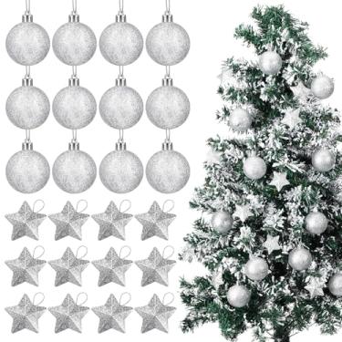 Imagem de Syhood Conjunto de 24 peças de enfeites de árvore de Natal 1,97"/5 cm incluídos, 12 decorações de bolas de Natal, 12 enfeites de estrelas com glitter, decoração de árvore de Natal para pendurar em