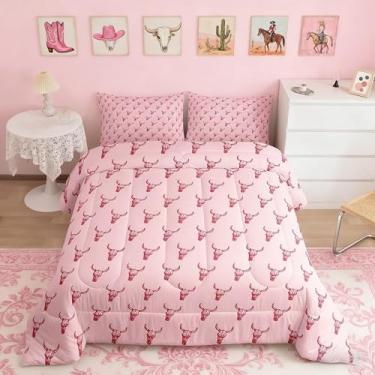 Imagem de Conjunto de edredom tribal boho, caveira, touro, tamanho queen, sonhador, conto de fadas, princesa, para decoração de quarto de crianças, meninas, meninos, moderno, edredom rosa, 3 peças com 2 fronhas