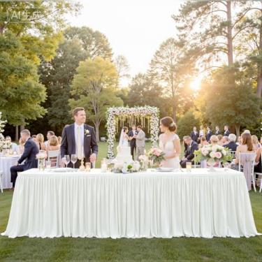 Imagem de Saia de mesa de poliéster marfim de 518 cm para mesas retangulares de 1,8 m (cobertura completa), saias de mesa de pano creme sem rugas com babados 5 metros para festa de casamento, chá de bebê, bolo