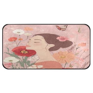 Imagem de Burbuja Beautiful Woman Flowers Tapete de cozinha 51 x 99 cm, tapete antiderrapante lavável com suporte de borracha, tapete para cozinha, sala de estar, banheiro, decoração de casa