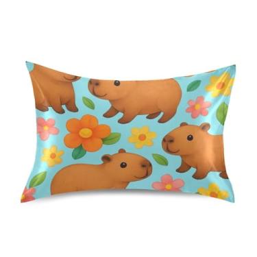 Imagem de Fronhas refrescantes engraçadas florais padrão queen king size fronhas de cetim cama fronha queen size 76.2 cm x 50.8 cm bonito desenho animado capivaras azul