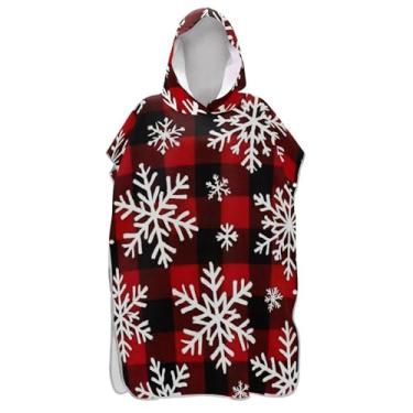 Imagem de Poncho de surf para adultos trocador de roupa de praia com capuz toalha de banho de secagem rápida ponchos femininos com capuz branco flocos de neve vermelho preto xadrez