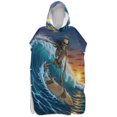Imagem de Joisal Poncho de surfe vestível para trocador de roupas de banho de praia com capuz azul esqueleto surf Halloween poncho masculino com capuz