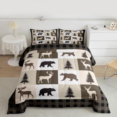 Imagem de Feelyou Conjunto de edredom rústica, tamanho queen, cabana, urso, cervo, camarada, para quarto de crianças, meninos, meninas, alce, decoração marrom, búfalo, microfibra ultramacia