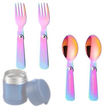Imagem de 2 colheres de substituição e 2 garfos para garrafa térmica funtainer de 293 ml, colher e garfo portátil dobrável de aço inoxidável esculpido com palavras positivas para acampamento em casa (colorido)