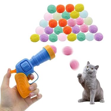 Imagem de Andiker Lançador de bolas para gatos, 100 peças de pelúcia coloridas de 3 cm para gatos com pompom, brinquedos para gatos interativos para gatos internos para manter a forma, brinquedo de Natal para