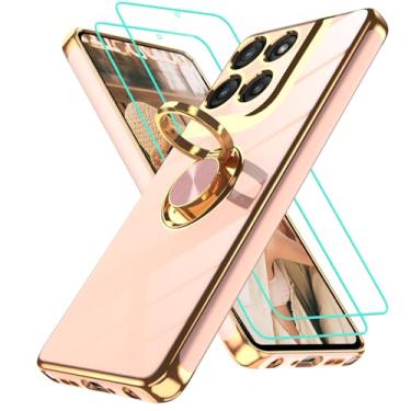 Imagem de Gritup Capa para Motorola Moto-G-Stylus-5G 2025: 2 peças de protetor de tela, suporte magnético com suporte de anel de rotação de 360°, capa protetora de TPU macio com borda dourada, rosa