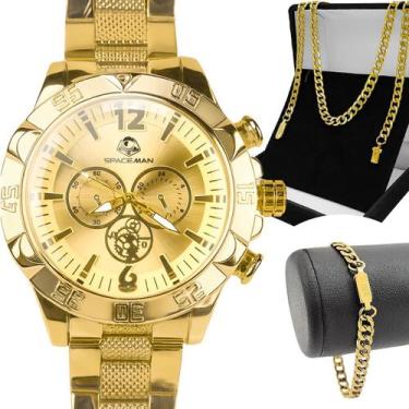 Imagem de Kit Masculino Relógio Analógico Dourado Aço Inoxidável Banhado Pulseir