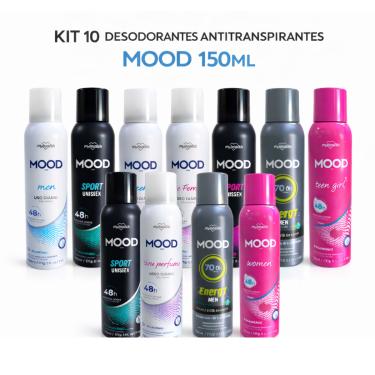 Imagem de Kit 10 Desodorantes Antitranspirantes Mood 150ml 0% Alumínio Proteção 48h Uso Diário