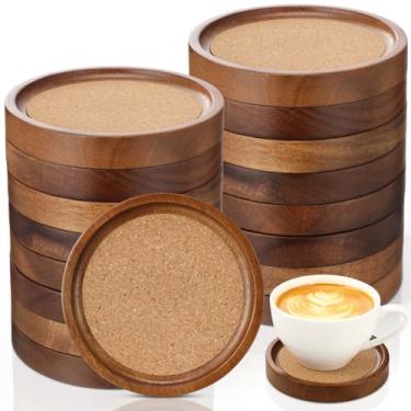 Imagem de Zhehao 16 peças de porta-copos de madeira de acácia a granel de 10 cm de madeira, empilhável, reutilizável, para proteção de mesa de café e chá, Natal, férias, mesa de inauguração de casa, bar