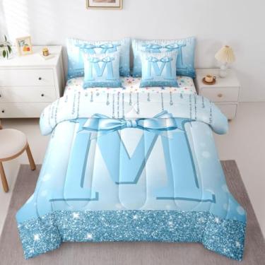 Imagem de Erosebridal Jogo de cama casal de 7 peças com laço azul fofo para meninas adolescentes | Cama em uma bolsa com letra M, moderno, conjunto de edredom com laço de coquete com lençóis, preppy fofo
