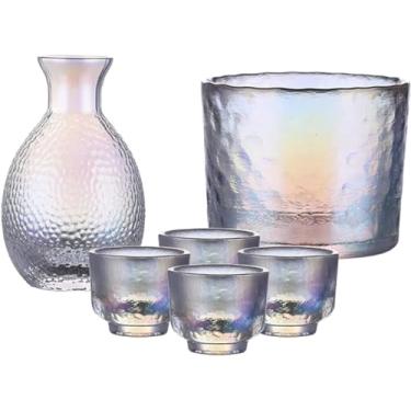 Imagem de Conjunto de saquê de cerâmica, conjunto de saquê de vidro japonês, copo de saquê transparente moderno para festa em casa e ótimos presentes, 4 xícaras de saquê + 1 pote de saquê + 1 copo de recipiente